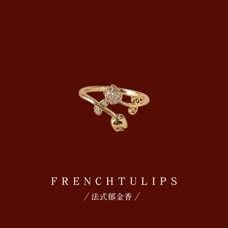 Tulip Micro Set Zircon Plated 14K Ring Opening Adjustable Dieting Finger Ring ins Sweet Fresh Ring Factory