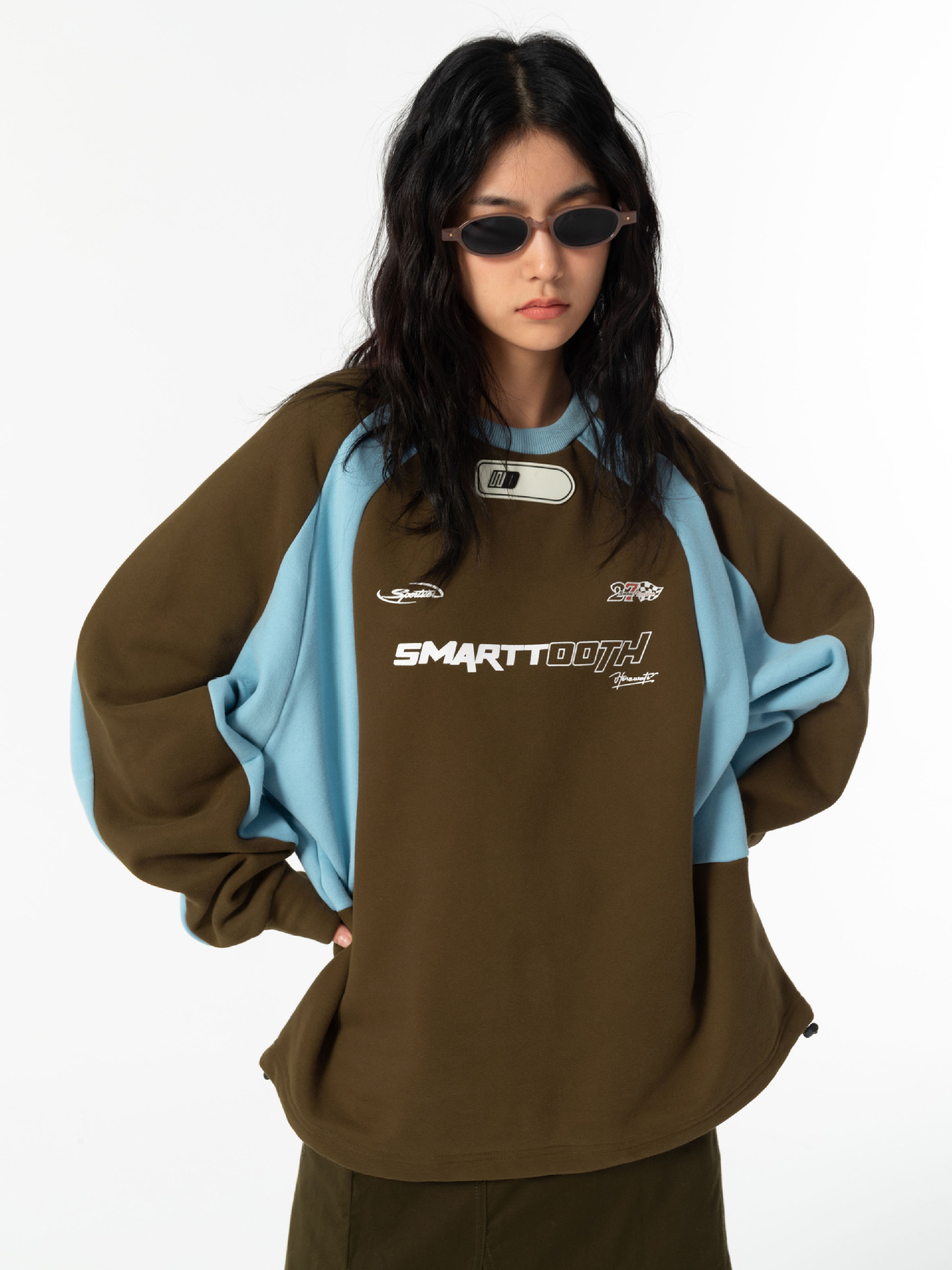 Spring American retro printed contrast color hip hop fashion brand stitching niche loose oversize couple sweater men and women