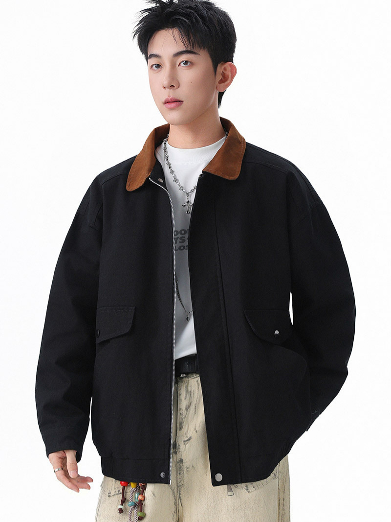 Jianheng's New American Retro Color-Block Canvas Washed Cotton Turn-Down Collar Detroit Work Jacket for Women with a High-End Feel for Men
