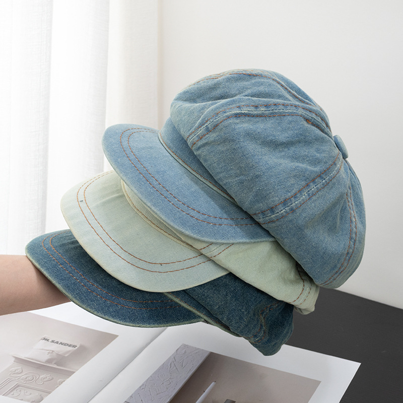 Distressed Denim octagonal hat female autumn big head circumference painter hat face-looking small retro newsboy hat square round face slimming