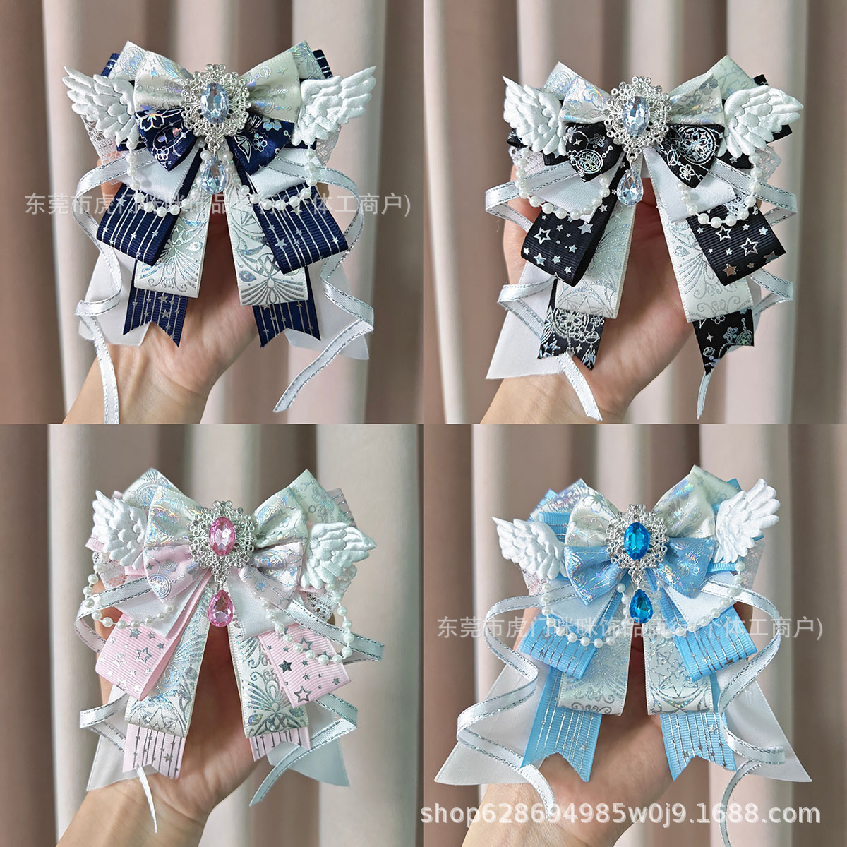 Handmade DIY Lolita Angel Wings Pink Crystal Bow Finished Product Accessories for Anime-Themed Bags Decoration