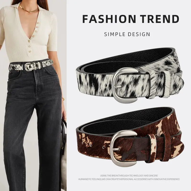 European and American Retro High-End Genuine Leather Belt for Women, Horse Hair Cow Pattern Decorative Jeans Belt with Alloy Silver Buckle Belt
