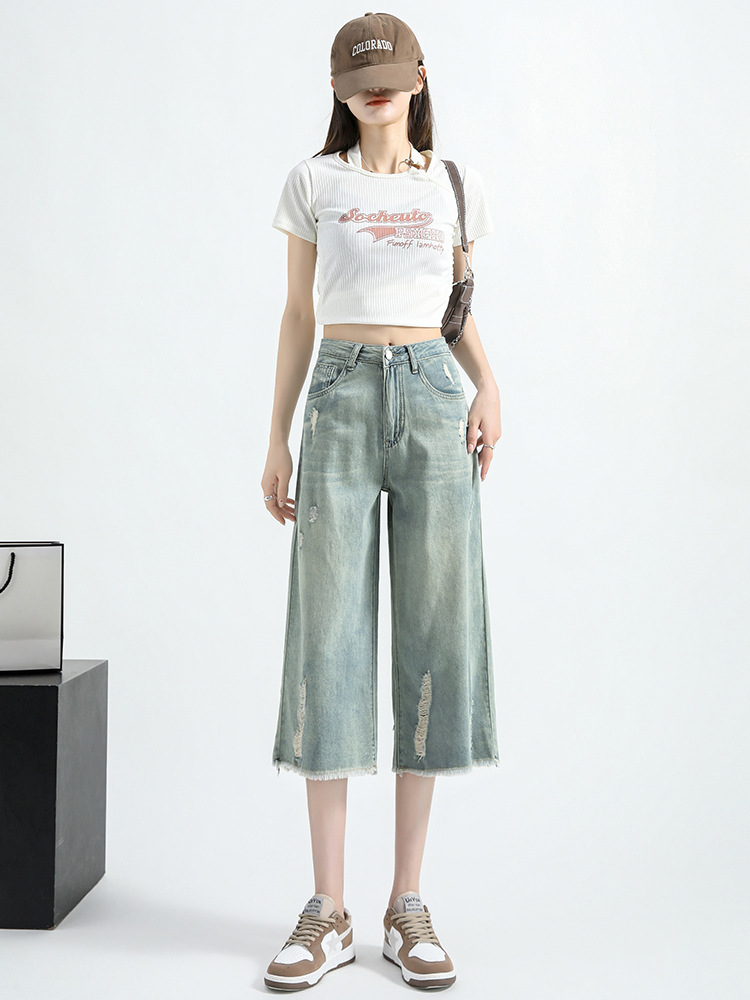 Cropped Jeans Women's Wide-leg Pants Summer Thin High Waist Slimming Straight Pants with Ripped Burr Edge