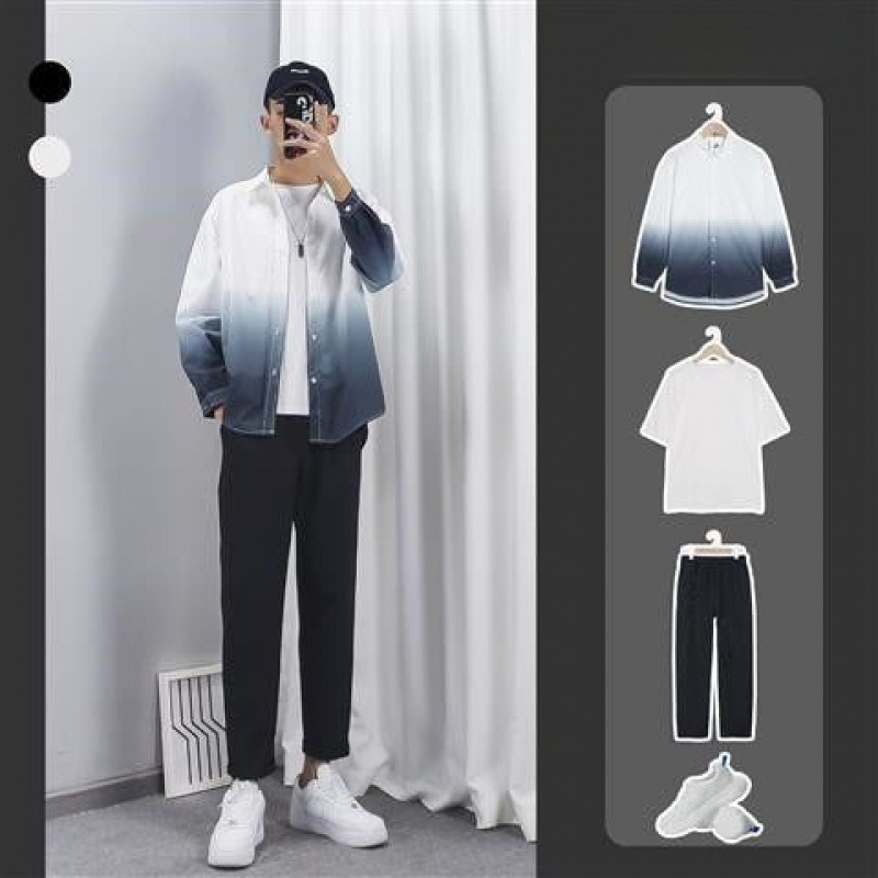 Casual Shirt suit Men's Summer New Gradient Long-sleeved Casual All-match Youth Hong Kong-style BF Shirt Men's Handsome