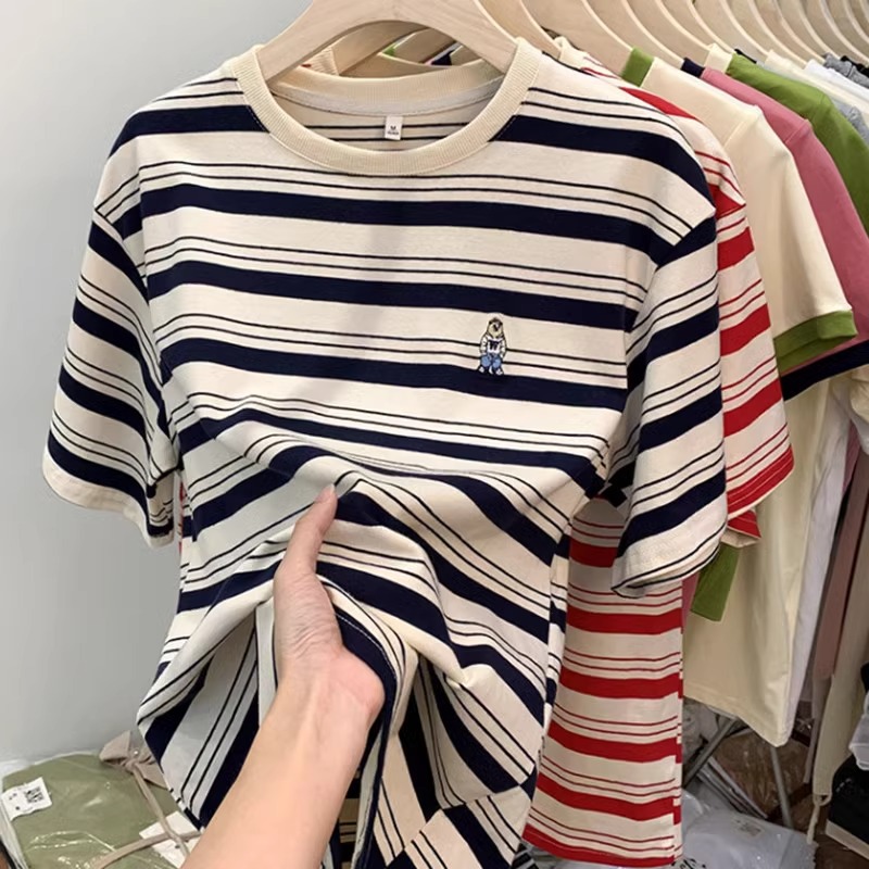 Striped T-Shirt for Women, Short-Sleeved, 2026 Summer New Style, Embroidered Bear, Loose Half-Sleeve, Casual Student Round-Neck Top