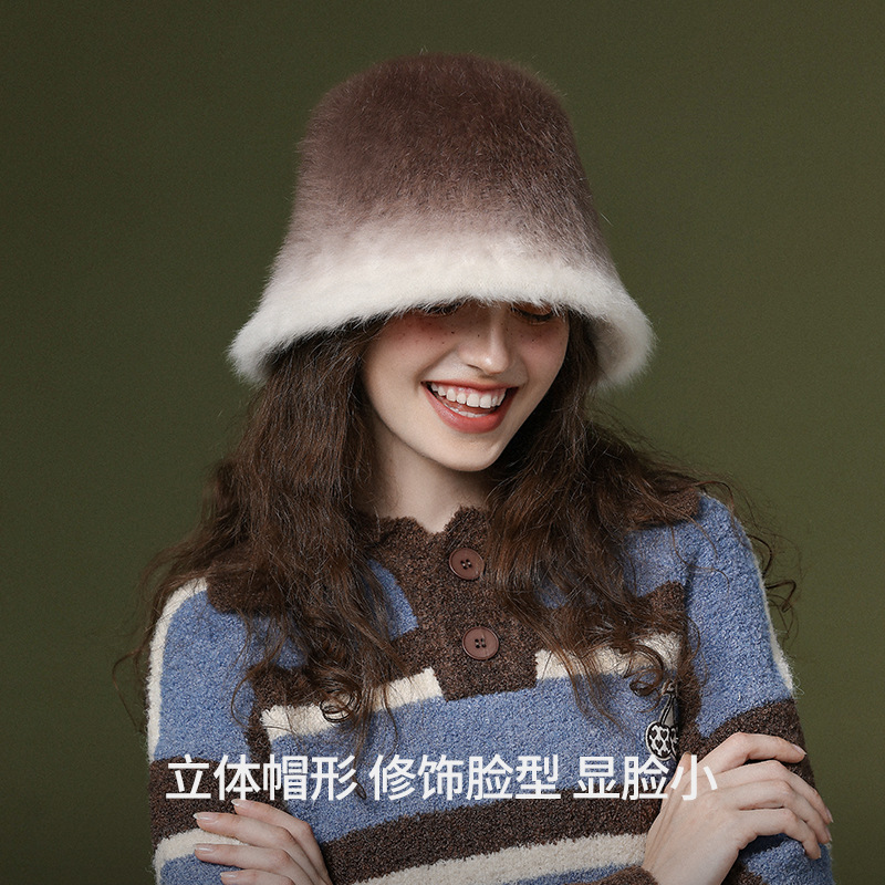 Faux rabbit fur hat for women autumn and winter thickened warm cold-proof wool hat face-looking small fur ear protection plush fisherman hat