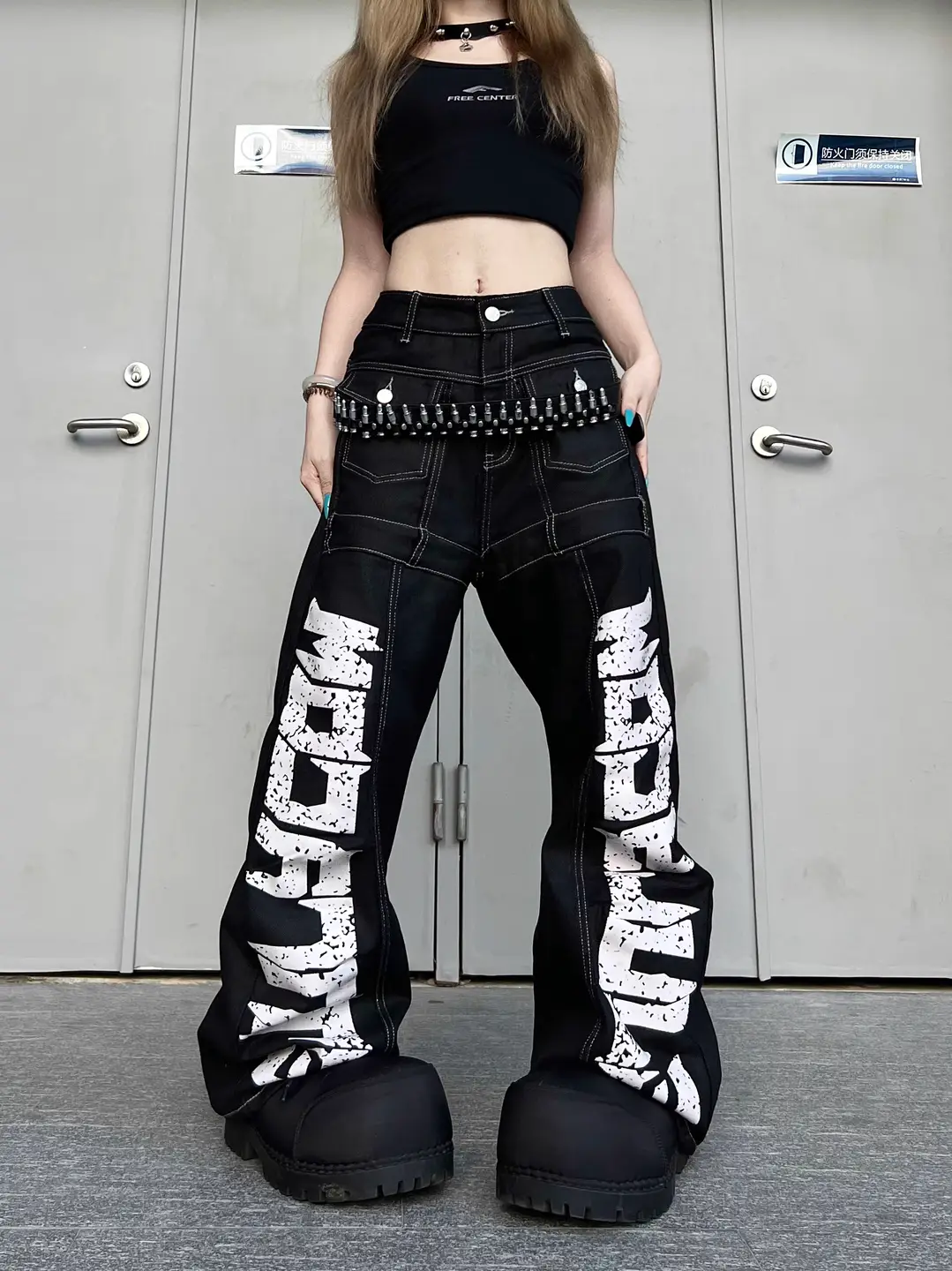 American Street Style Washed Distressed Letter Print Deconstructed Scimitar Jeans Unisex Cleanfit Loose Wide-Leg Pants