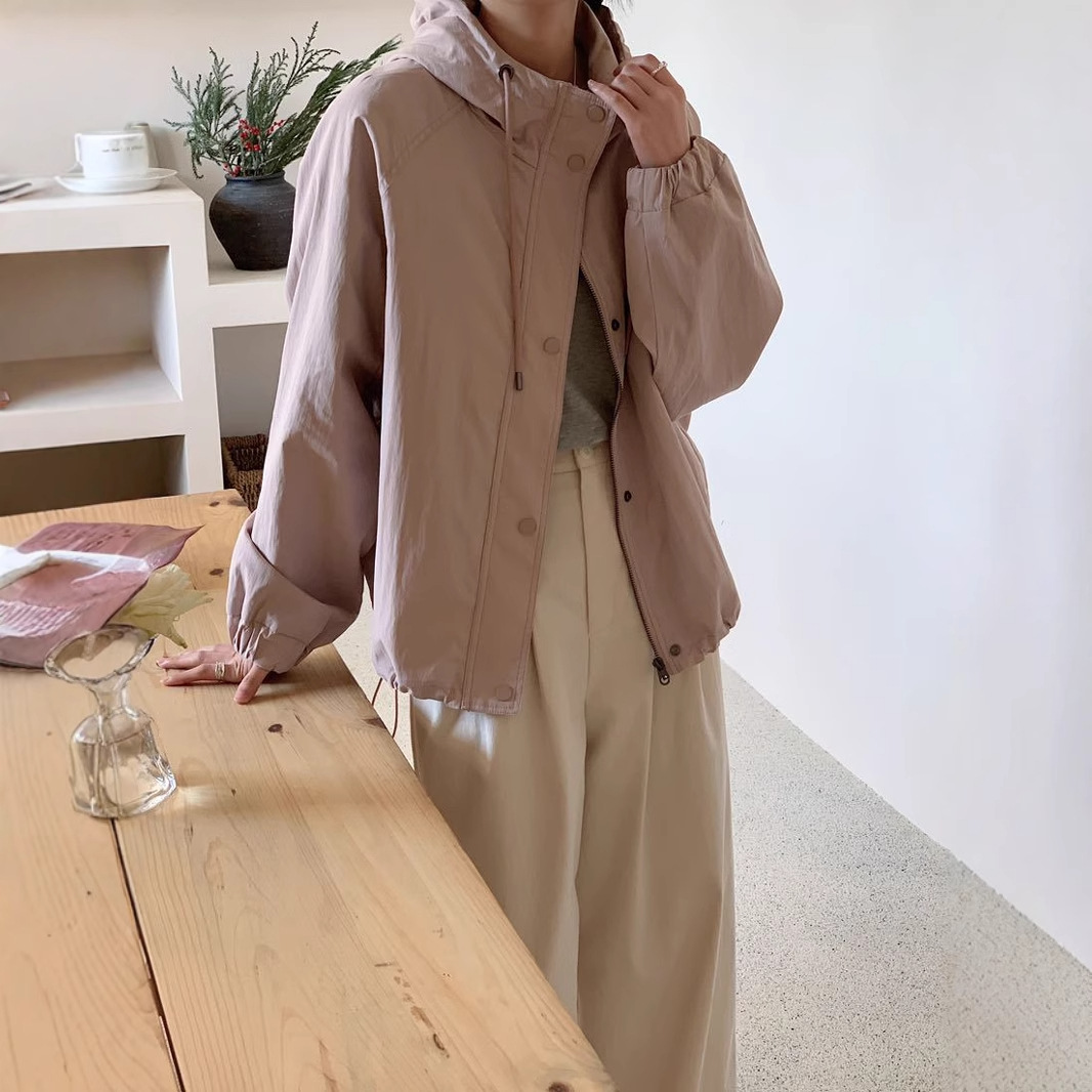 2025 Spring New Casual Hooded Jacket Solid Color Simple Long Sleeve Hem Drawstring Retro Cardigan Top for Women