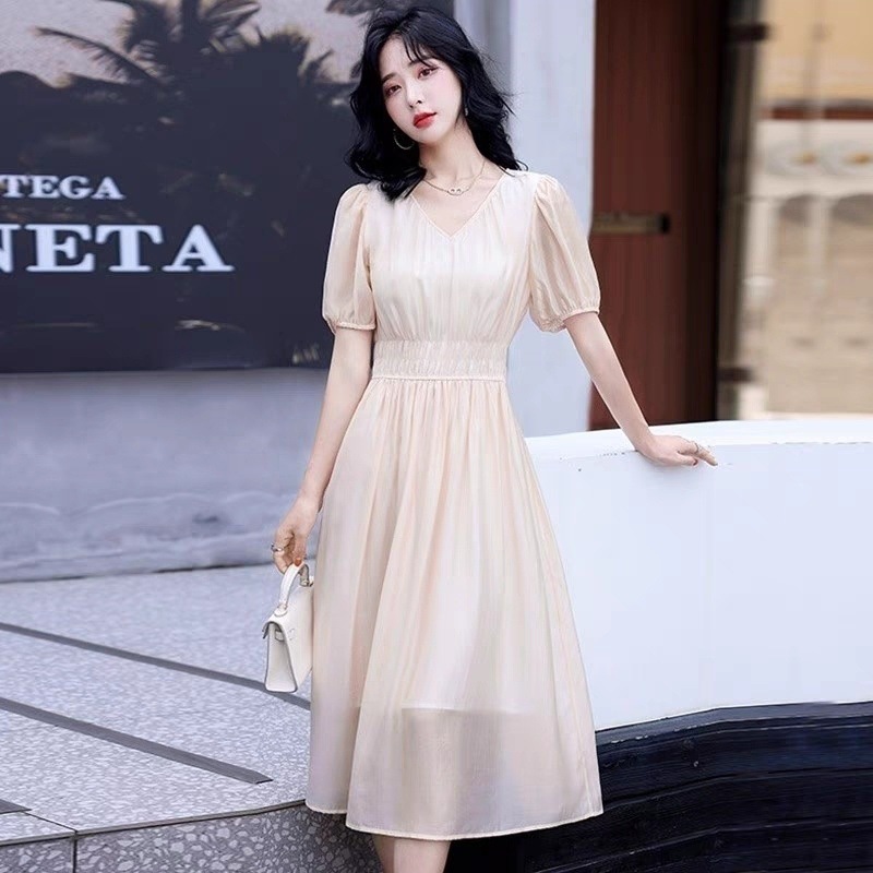 V Neck Large Size Fairy Dress Summer New French Short-Sleeved Loose Retro Skirt