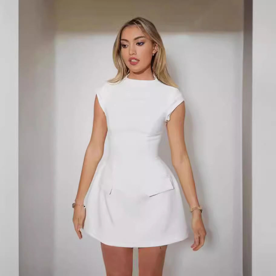 Amazon European and American Cross-Border Women's Fashion 2026 Summer New Solid Color Round Neck Pocket Design Waist-Cinching Slim-Fit Dress