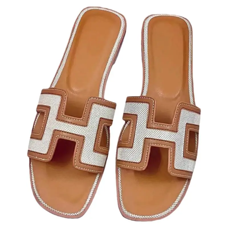 Hong Kong 2025 Summer New arrival Genuine Leather H Flats Outwear One-Line Sandals Travel Vacation Color Matching Beach Slippers