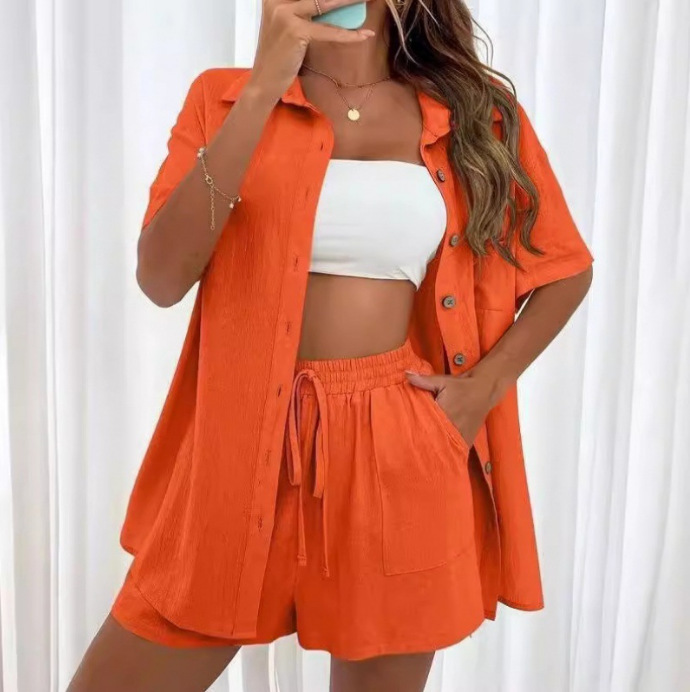 Spot Cross-Border Aliexpress Fashion Shorts Two-Piece Solid Color Shirt Suit Women's Casual Loose Short-Sleeved Single Row