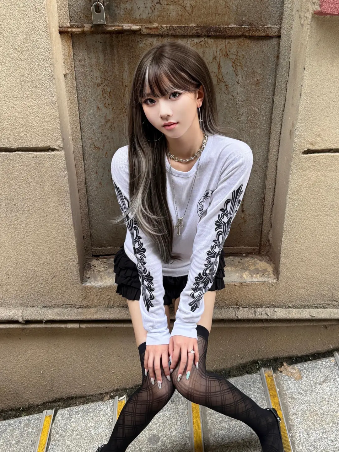 White Long sleeves T-Shirt Women's Retro Inner Fall and winter Arm Print Loose Crewneck Base Shirt Sexy Shoulder Tops