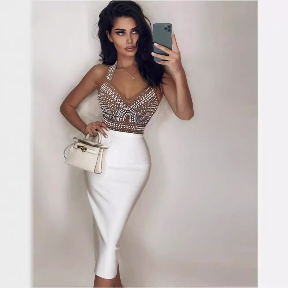 Trendy Foreign Trade Spaghetti Strap Dress Bandage Dress Evening Gown Slim Sexy V-Neck Beaded Mid-Length Elegant Color-Blocking