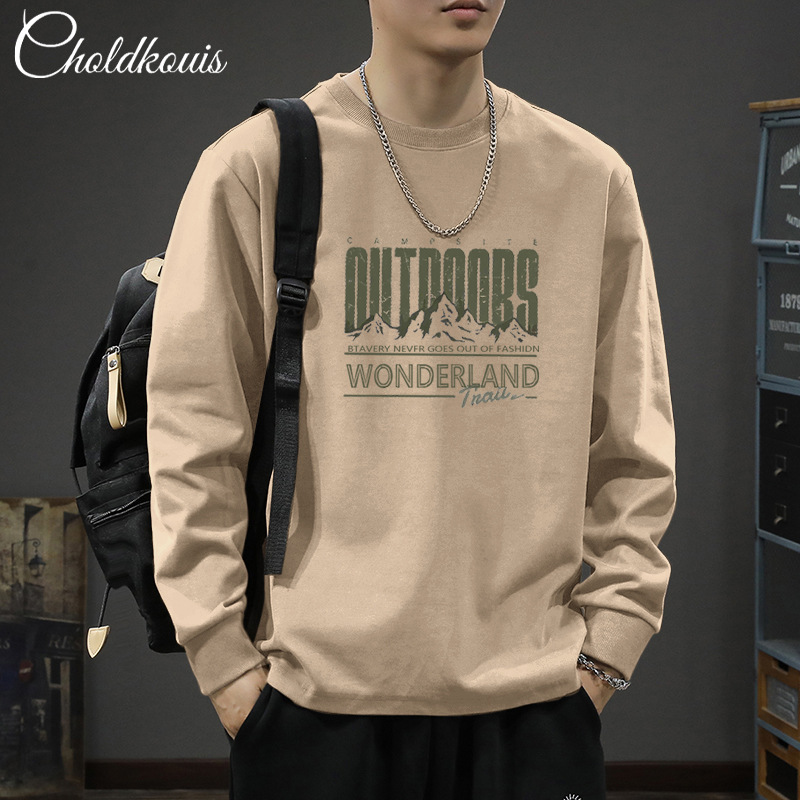 200g heavy cotton white long sleeve T-shirt men's base shirt spring and autumn wear clothes men's round neck