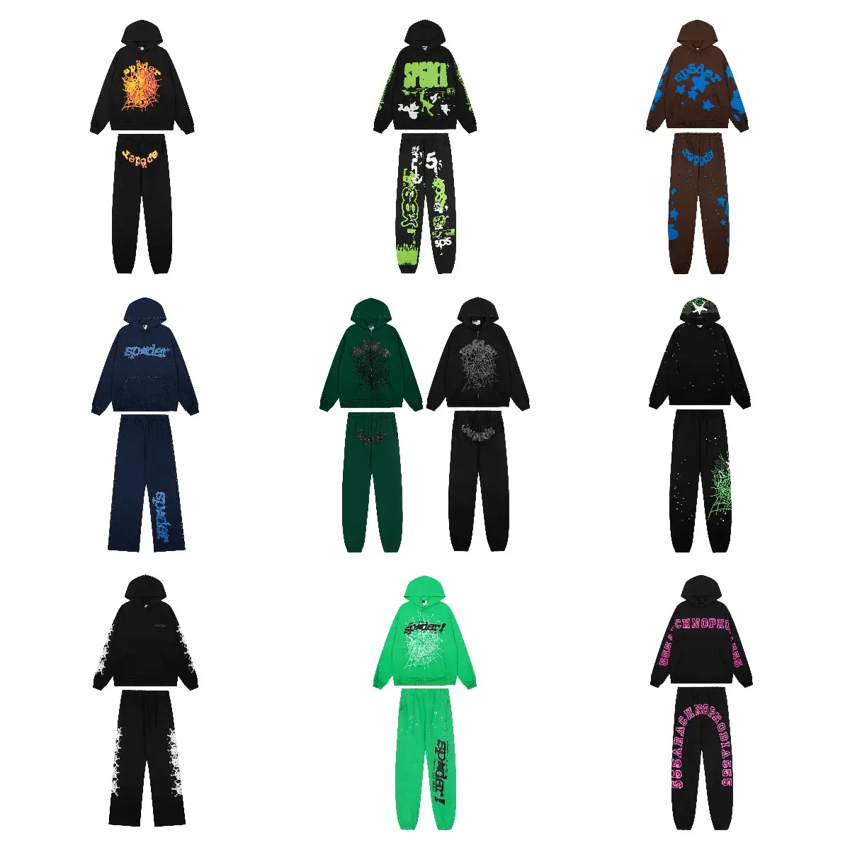 Cross-Border European and American Trendy Brand Sp5De Spider Web Letter Print Hooded Sweatshirt Men's and Women's High Street Pants Casual Suit