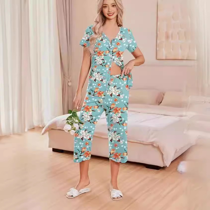 2024 European and American New Women's Cardigan Home Clothes Short-Sleeved Tops Three-Quarter Pants Printed Suit Pajamas with Flap Pocket Pantss