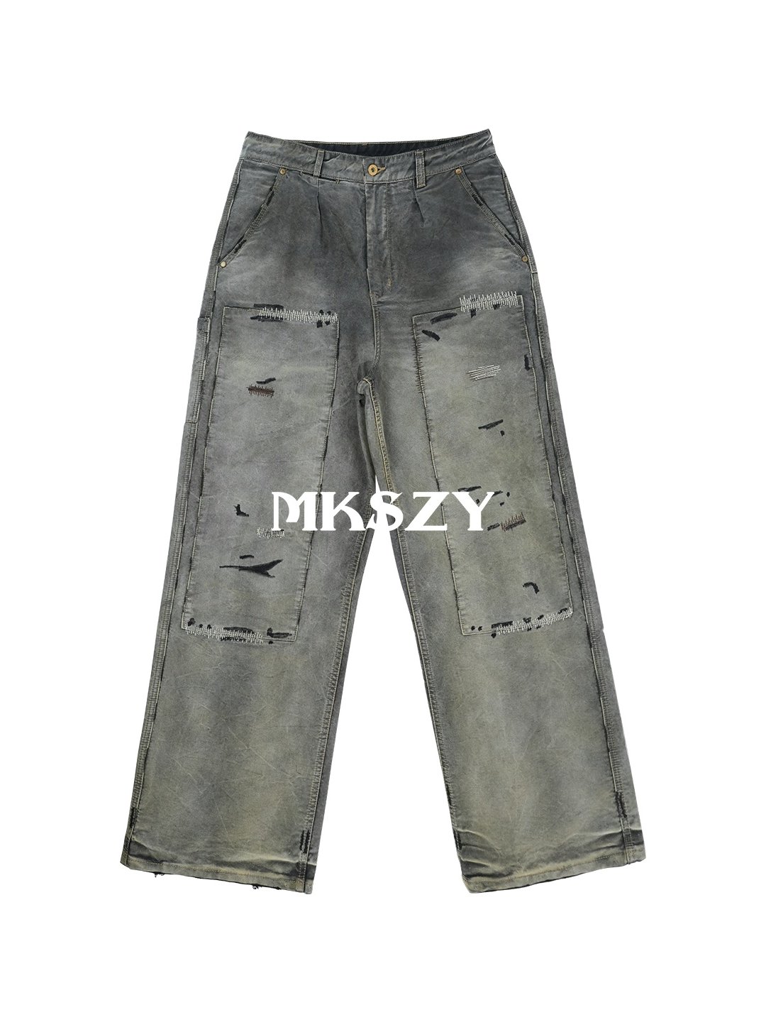 Mkszy Gray Mole Skin Distressed Straight-Leg Pants, Gray Work Pants with Double Knee Stitching and Washed Finish Foto QC de TAOBAO na Qualit.ly