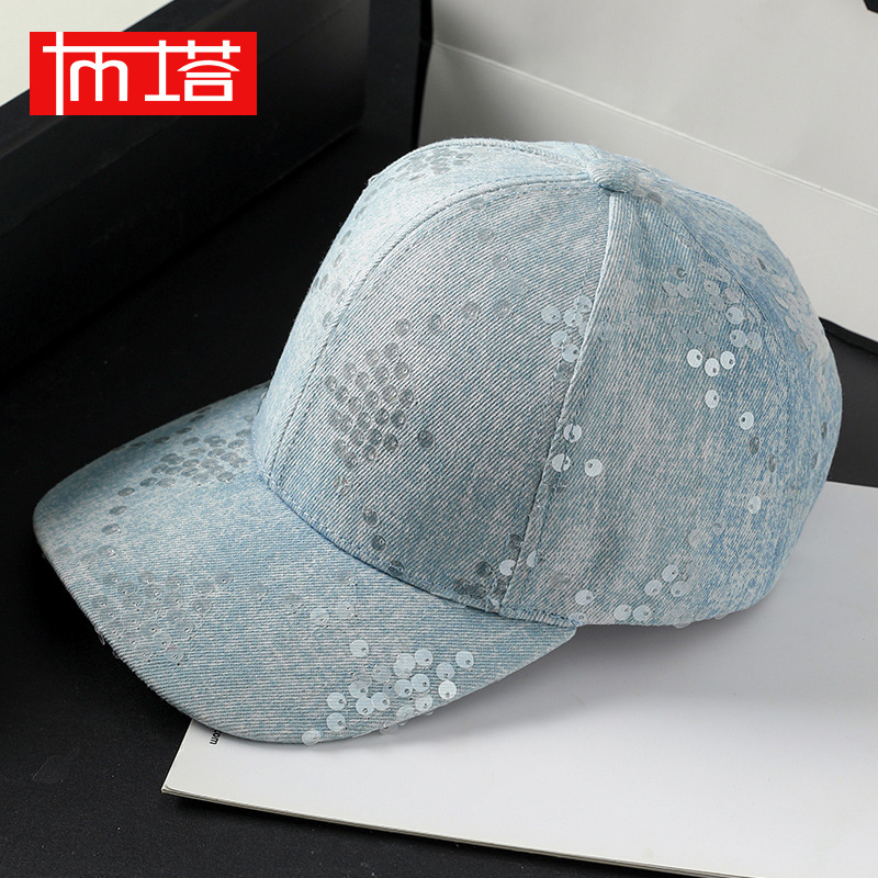 Buta Spring and Summer Sun Protection Peaked Cap for Women Denim Blue Casual Versatile Sequined Cowboy Hat Baseball Cap Fashion 730