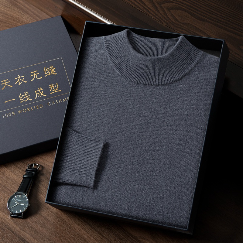 First-line clothing double-layer collar men's half turtleneck cashmere sweater loose middle-aged business casual bottoming shirt