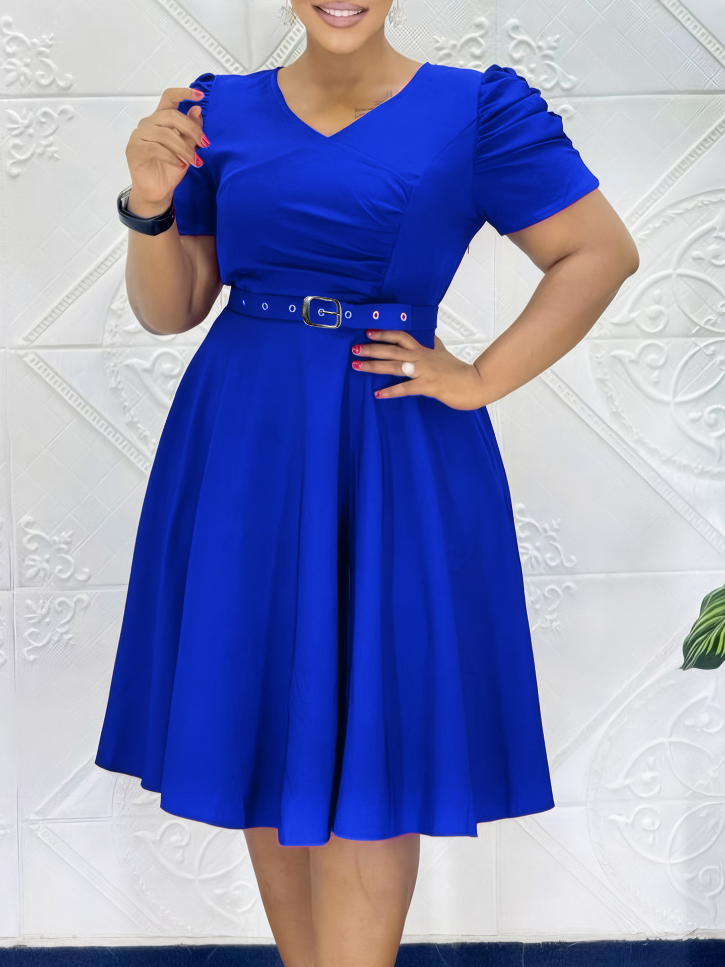 C8616 Amazon Foreign Trade Women's Fashion Pleated Elegant V-neck Large Swing Skirt Cross-border African dress