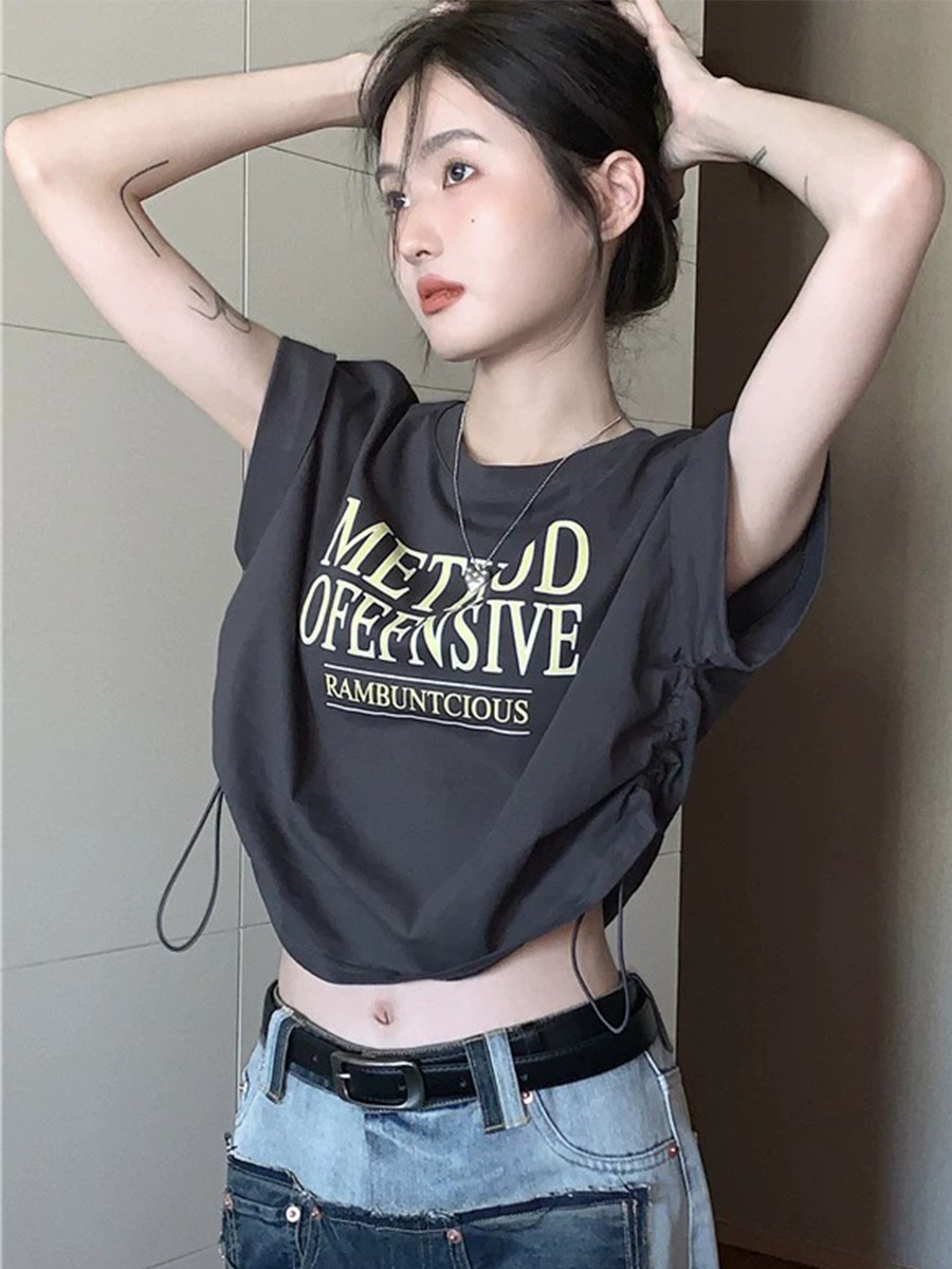 Gray Drawstring Asymmetrical T-Shirt Women's Short-Sleeved Retro Hottie Summer Right Shoulder Loose Letter Printed Short Top