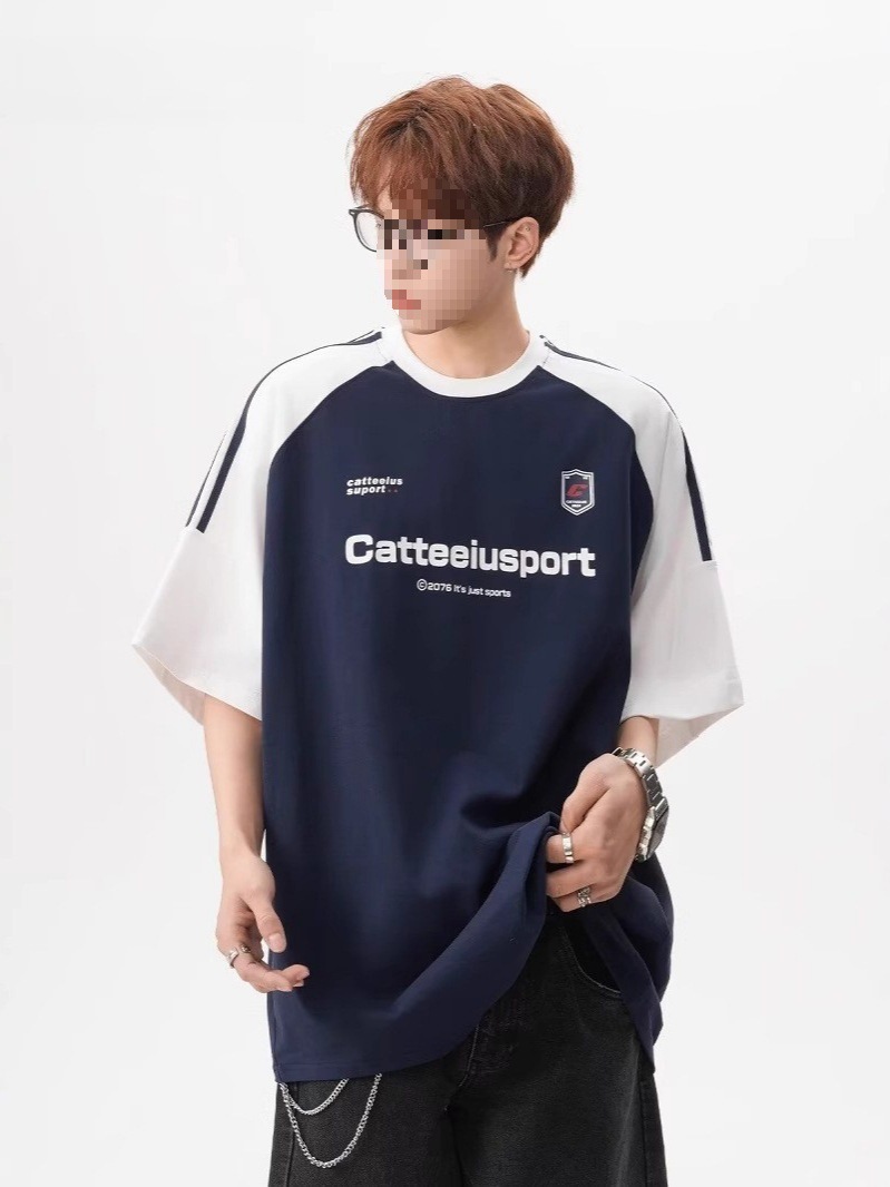 American Sports Raglan Sleeves Color-Blocked Short-Sleeved T-Shirt Summer New Loose Half-Sleeved Street Tops Trendy Men's Short-Sleeved