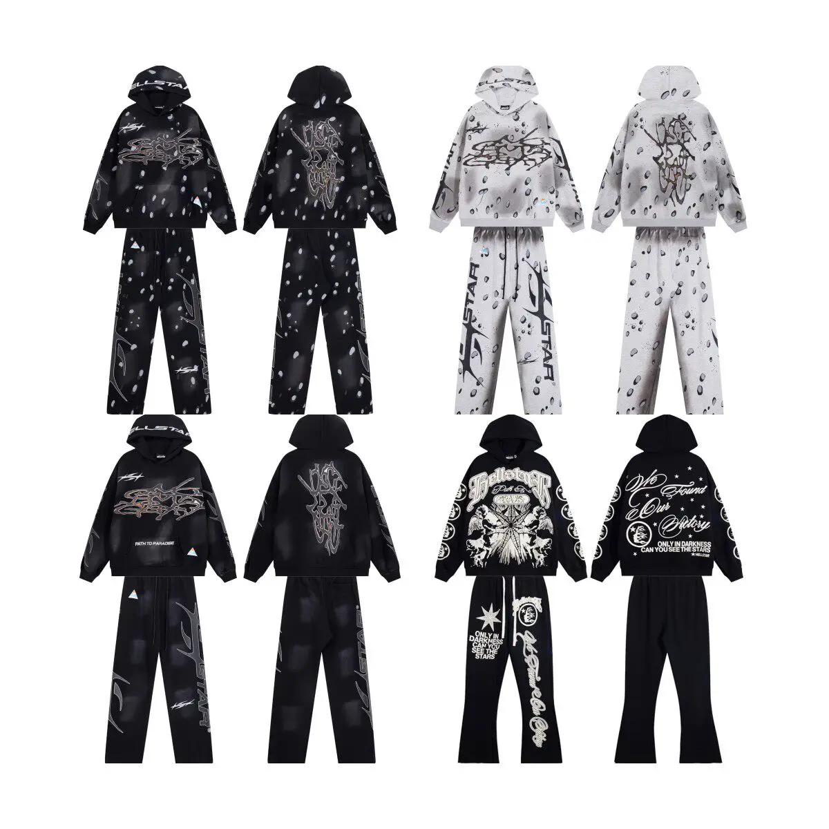 Cross-Border Trendy Hell Star ins Same Style Retro Print High Street Fashion Hoodie and Pants Set