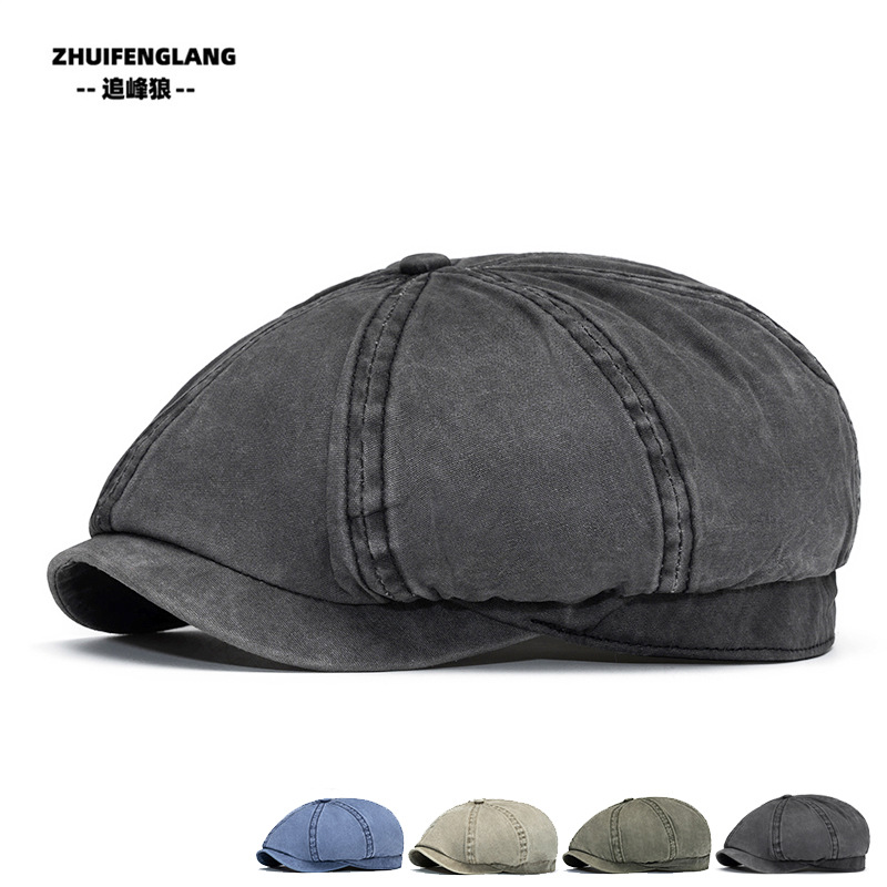 Spring and Summer Washed Pure Cotton Octagonal Hat Men's Large Head Peaked Cap Fully Sealed Painter Hat British Old Newsboy Hat