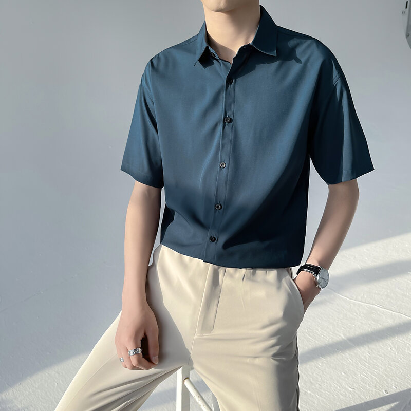 Ice Silk Shirt Men's Short-sleeved Trendy Ruffian Handsome Non-ironing Mid-sleeved Shirt Summer Casual Five-point Thin Loose Top