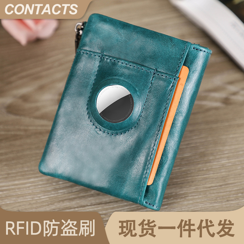 Black Angel airtag Anti-loss Tracker Cowhide Men's Wallet RFID Anti-theft Brush Three-fold Buckle Men's Bag