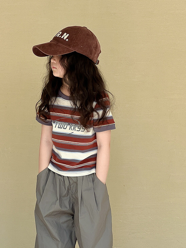 Girls' Striped Short-Sleeve 2026 Summer New Korean-Style Printed T-Shirt for Older Children, Stylish Thin Half-Sleeve Trendy Top