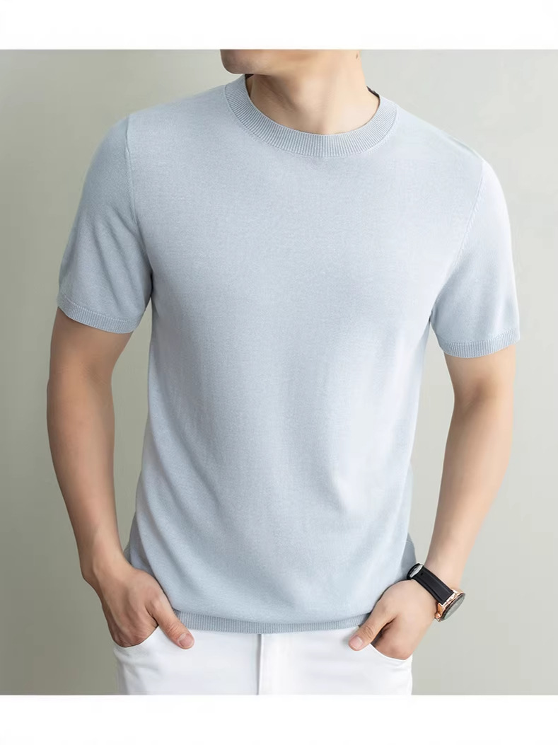 Cross-Border Foreign Trade High-End Summer New Men's Knitwear Round Neck Short-Sleeve Casual Old Money Style Base T-Shirt for Men
