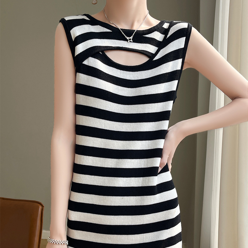 2025 French-Style Summer Sleeveless Striped Knit Dress, Stretchy Slim-Fit Bodycon Long Dress, Outerwear Base Dress for Autumn