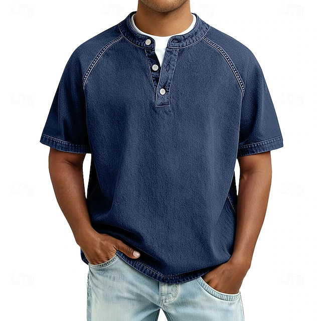 Cross-Border Men's 26 Spring/Summer New Style Washed Vintage Henley Collar Cotton Solid Color Button Half-Open Short-Sleeve Shirt for Men