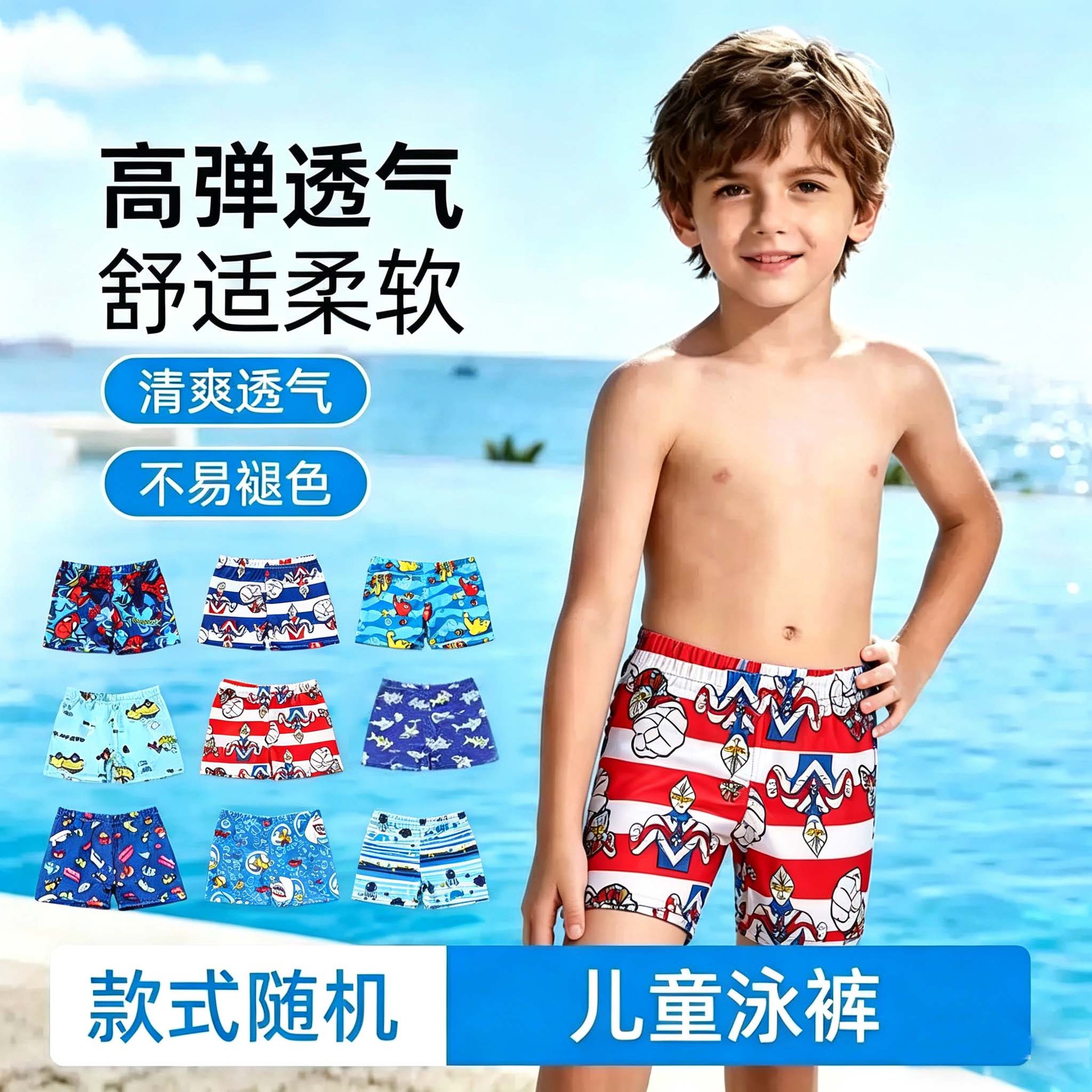Cross-Border Supply of Children's Swimming Trunks, New Summer Models for Small and Medium-Sized Boys, Printed Boxer Swimming Trunks, Quick-Drying Cartoon Beach Trunks