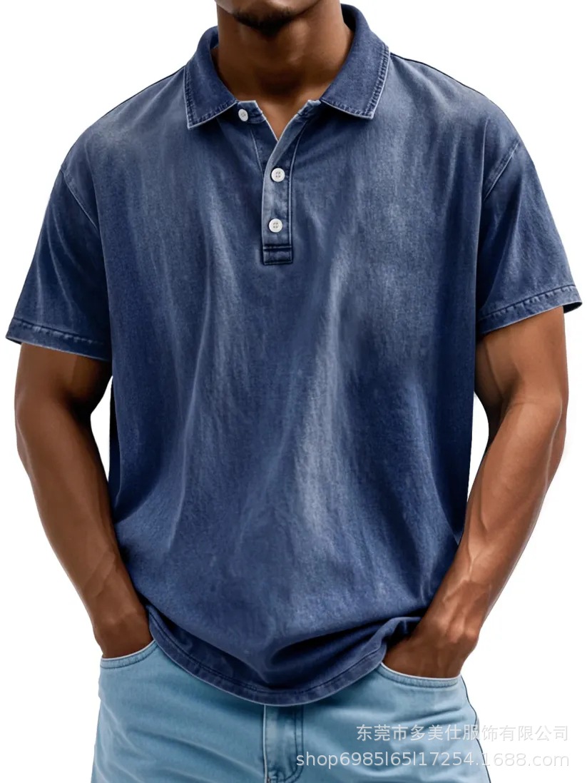 2026 Cross-Border Amazon Independent Site Men's Retro Washed Pure Cotton Casual Versatile Short-Sleeve Button-Down T-Shirt