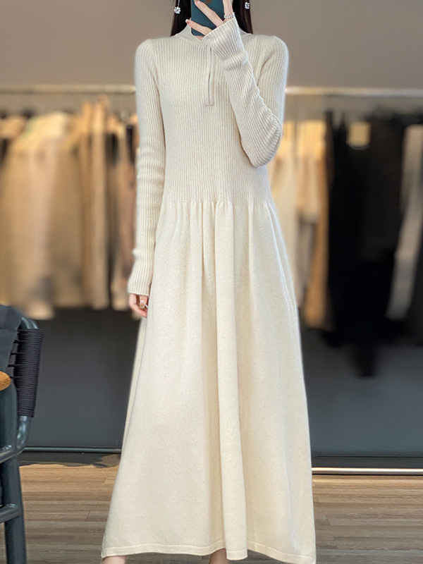 2025 Autumn/Winter New Commuter Dress for Women, Half-Zip Knitted Mid-Length Dress, Elegant Over-The-Knee Long Skirt, Base Layer Dress