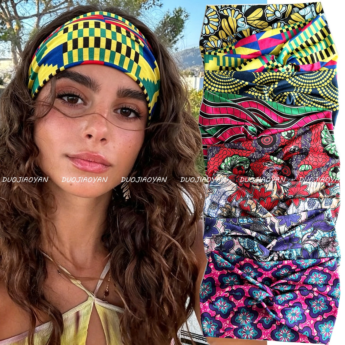 Cross-Border Retro Printed Headband with Wide Edges, American Hip-Hop Style, Trendy Cool Girl Headscarf, Elastic Cross-Over Sports Hairband