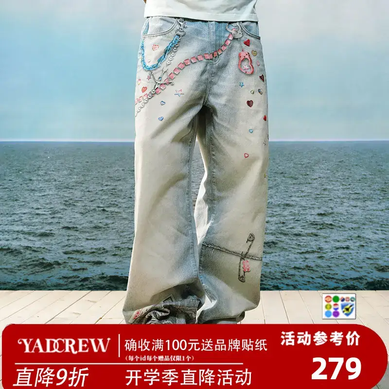 Wang Lu Jie X Zhang Yan Qi X Nai Wan Same Style] Yadcrew Aderu Cupid's Arrow Straight-Leg Loose Jeans