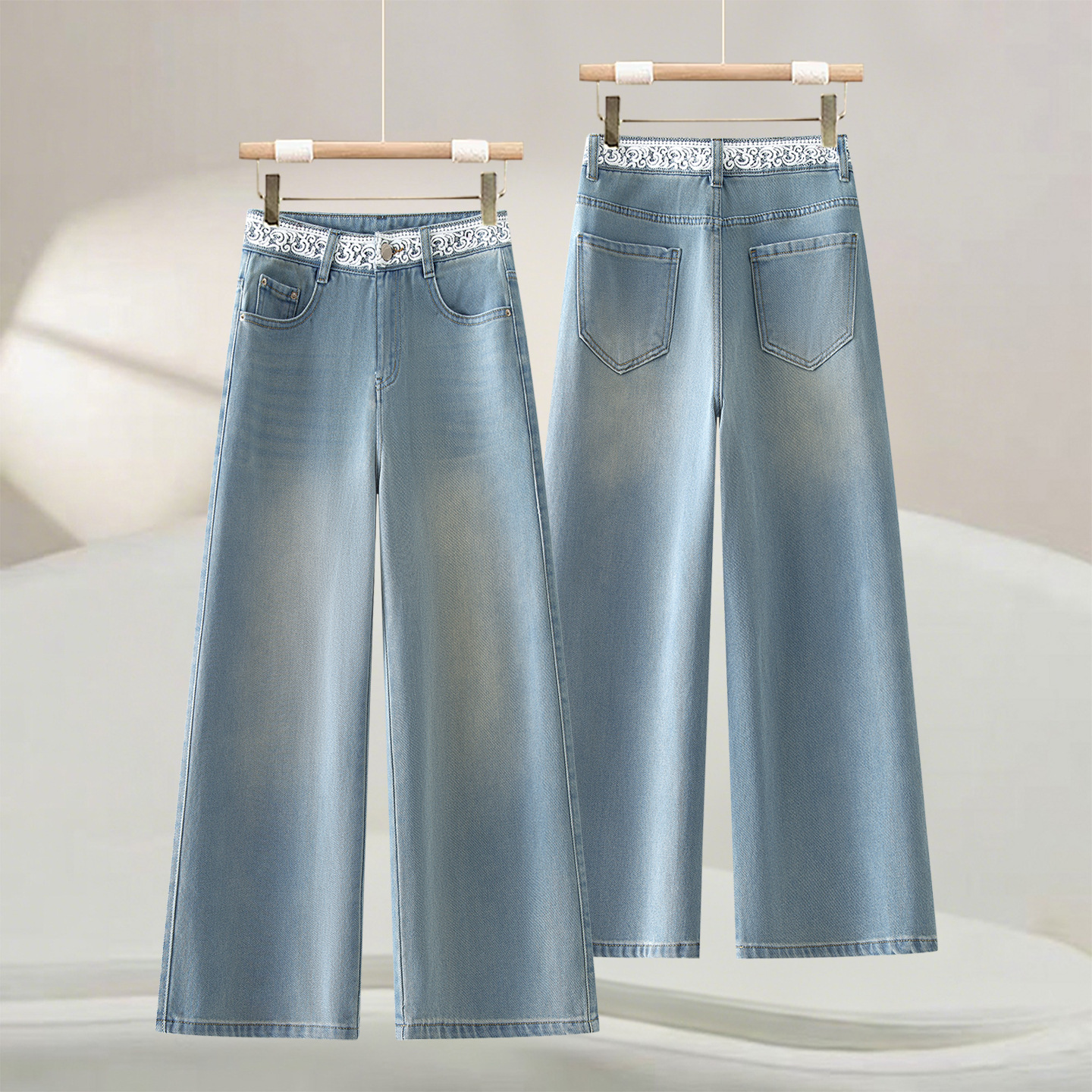 Lace Patchwork High-Waisted Cropped Wide-Leg Jeans for Women, 2026 Summer New Style, High-End Feel, Loose Fit, Slimming Straight-Leg Pants