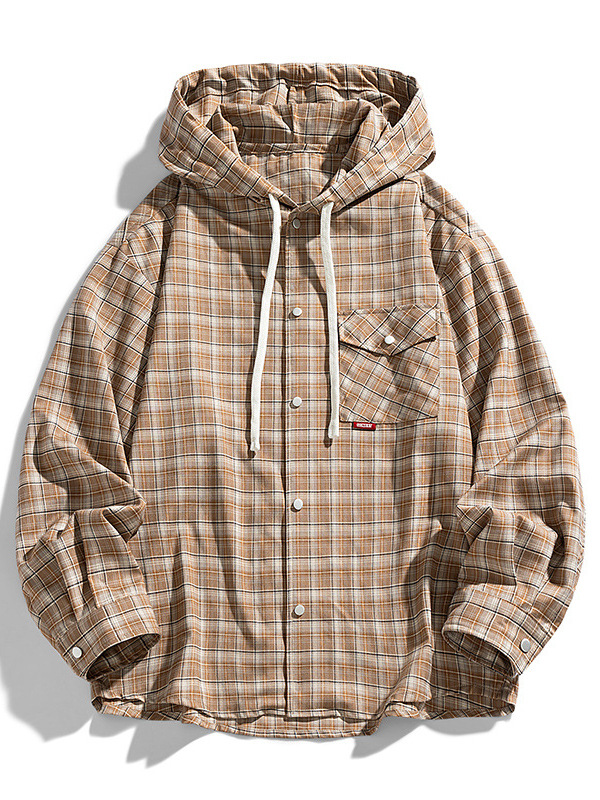 Zh 886 Spring and Autumn Korean Style Young Men's Stylish Hooded Plaid Shirt Cardigan Men's Long Sleeve Shirt