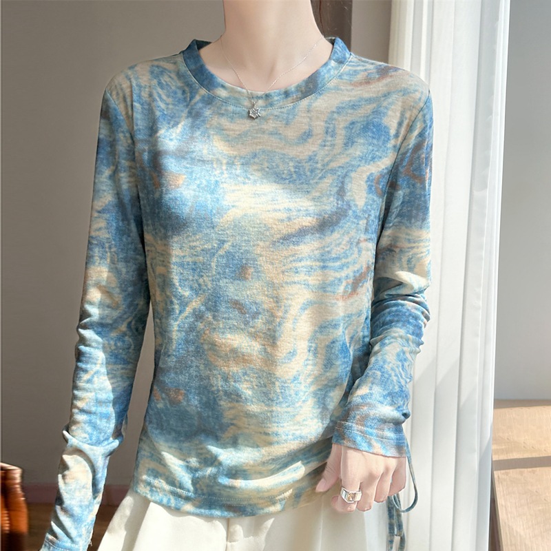Vintage Tie-Dye Printed Long-Sleeve T-Shirt for Women, Spring Thin Sun-Protective Air-Conditioning Shirt, Tencel Lyocell Base Layer