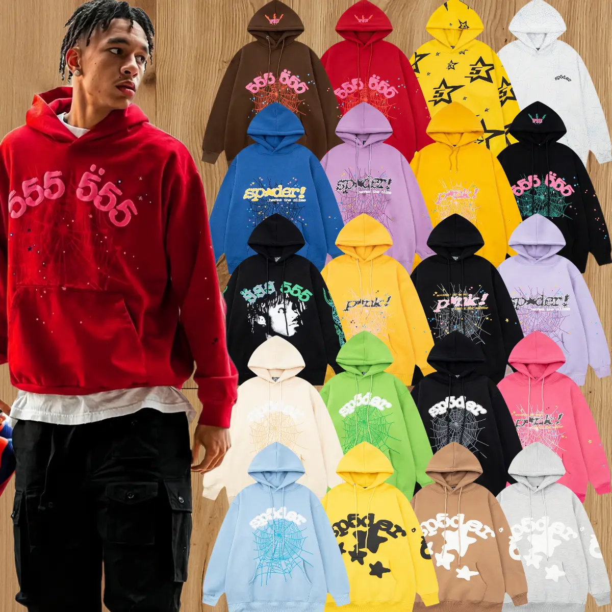 Correct version SP5DER foam printed American hip-hop hoodie West Coast trendy high street rap hoodie set
