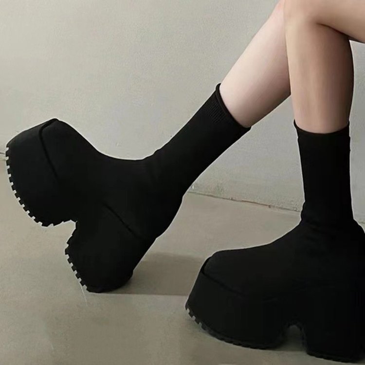 Plus Size 2023 New Style Chunky Heel Knitted Elastic Boots for Women, High Heel Convertible Wool Cotton Boots, Size 42, Winter, Size 42 in Stock
