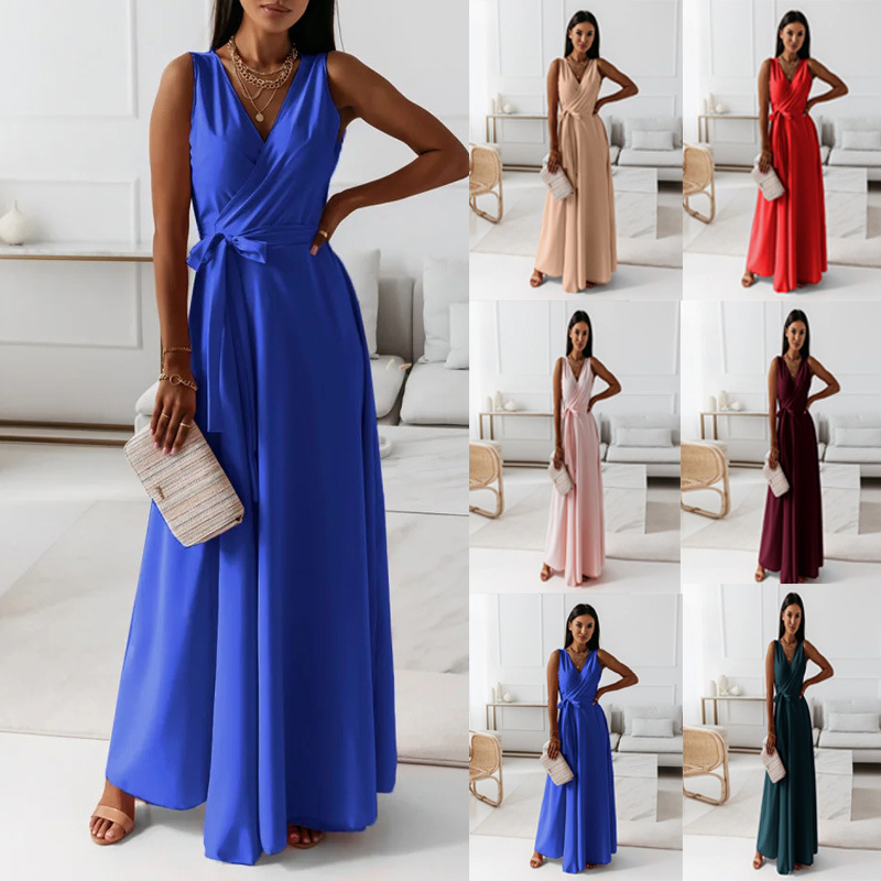 Amazon Independent Site Cross-Border Women's Clothing 2026 New European and American Style Lace-Up V-Neck Evening Long Dress for Women