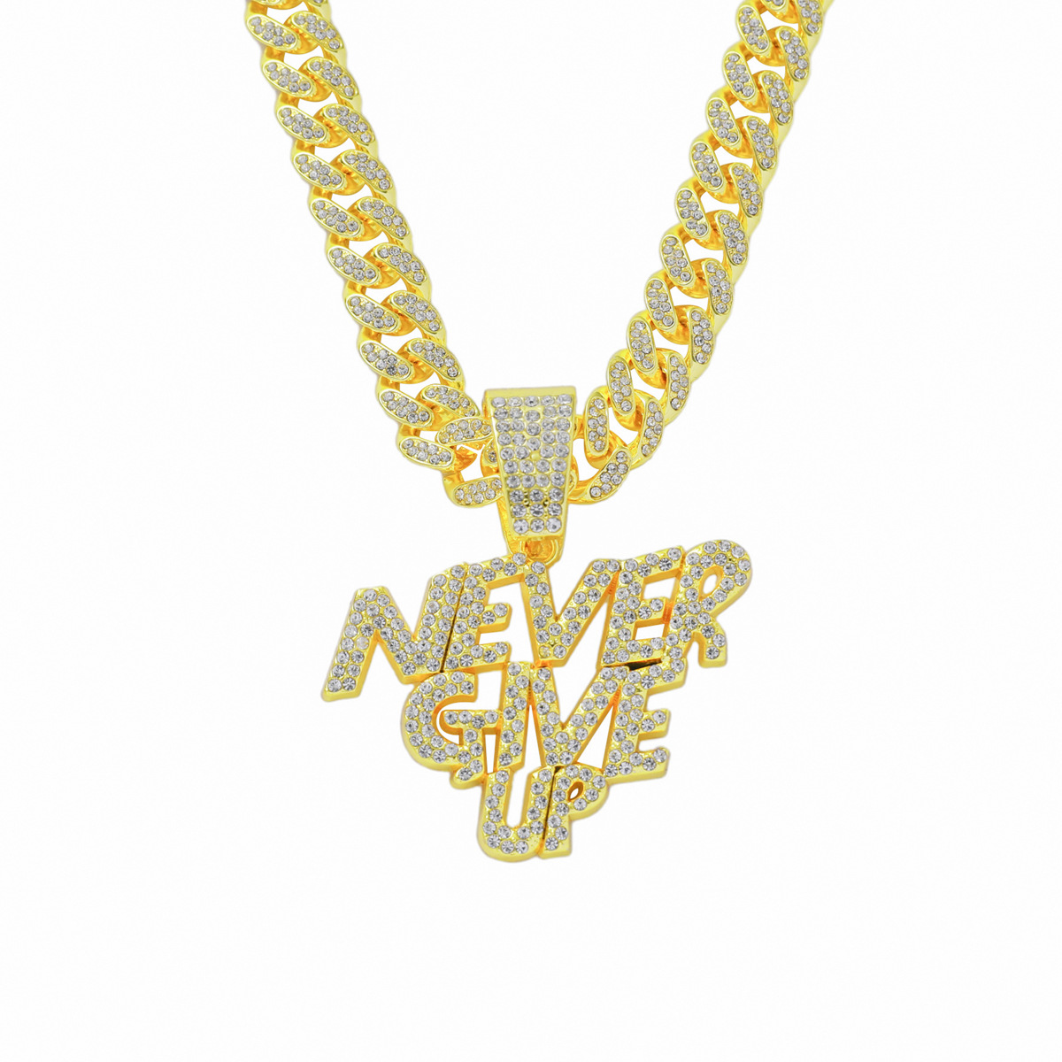 European and American Hip Hop Alloy Pendant AliExpress New NEVER GIVE UP Letter Full Diamond Pendant Cuban Necklace