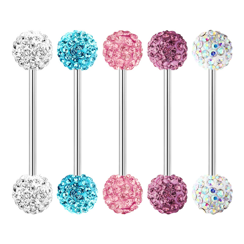 Amazon Cross-Border Full Diamond 5mm Mud Ball Tongue Nail Barbell Ear Bone Nail Piercing Jewelry Manufacturer Spot Wholesale