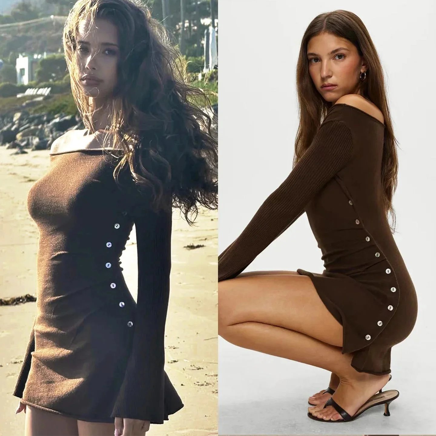 Brown off-shoulder knitted dress with open slit and pleated waist design