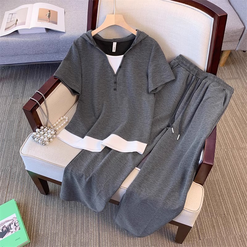 Sports suit Women's plus size 2025 New Summer Slimming Short Sleeve Fashionable Comfortable Casual Fashionable Two-Piece Set